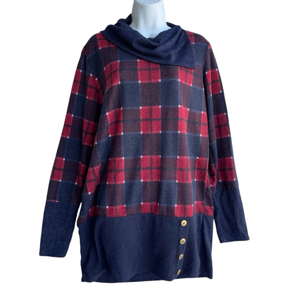 White Birch Plaid Cowl Neck Tunic Sweater Women's Size L Multicolor Long Sleeve